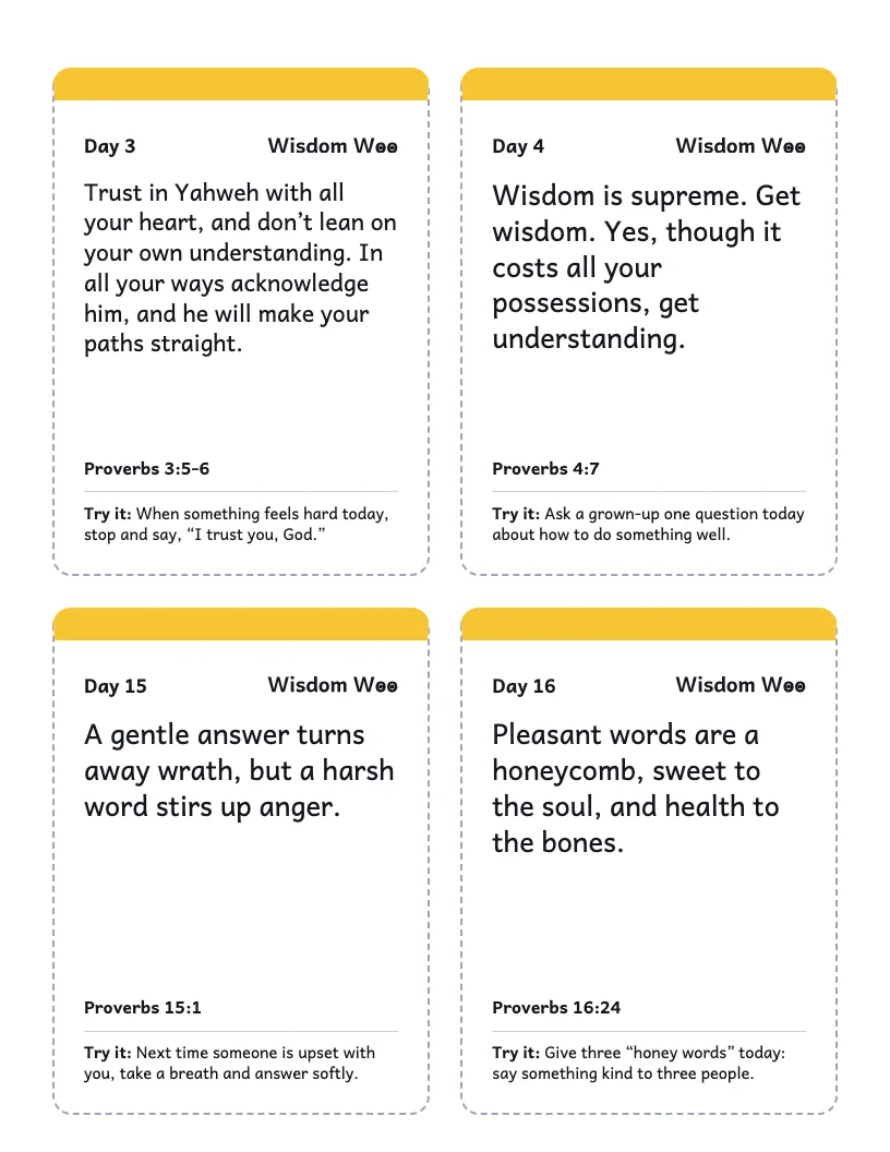 Page one of the Proverbs verse cards: four cards with a verse, a day number and a try-it line